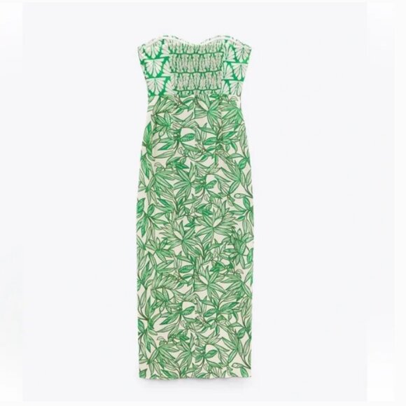 NEW Zara Linen Blend Strapless Midi Dress with Tropical Print, Size S - Picture 11 of 16